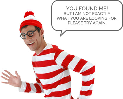 A person in a goofy costume stating the searched product cannot be found